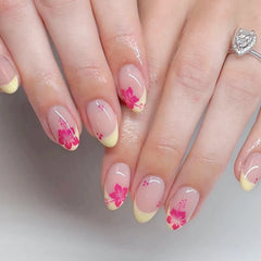 Hnewly Black French Style Fake Nails Charms Pink Flower Designs Square Head Press on Nails Women Girls Detachable False Nails Tips