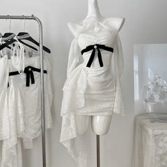 Hnewly DRESS TO IMPRESS Y2K Lace Bodycon Mini Dresses for Women Slash Neck Flare Sleeve A-line Birthday Party Short Train Dress Korean Fashion Vestidos