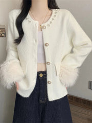 Hnewly Elegant Pearls Sweet Cardigan Women Vintage O Neck Faux Mink Cashmere Knitted Sweaters Korean Casual Long Sleeve Loose Tops