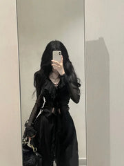 Hnewly 2025 spring fashion trend Fashion V-neck Ruffles Black Long Sleeve Cardigan Mujer+ Y2k High Waist Loose Wide Leg Pants Summer New Two Piece Sets
