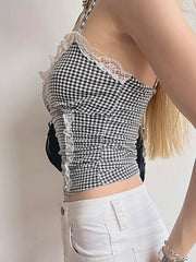 Hnewly Sweet Patchwork Lace Trim Camis Top Sexy Slim Slash Neck Sleeveless Tank Tops Women 2024 Summer Fashion Streetwear Lady