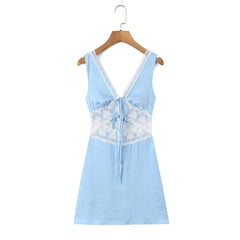 Lunivop Fashion Light Blue Satin Spliced Lace V neck Tank Dress Women Hollow Out Slim Waist A-lined Sleeveless Short Dresses Femme Robe