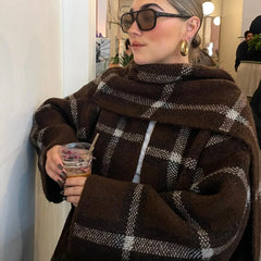 Hnewly Elegant Women's Knit Contrast Plaid Cardigans Loose Scarf Collar Long Sleeve Female Sweater Autumn Lady Chic Warm Knitwear