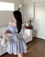 Hnewly Elegant Evening Party Dress Women's Mesh Long Sleeve Dress Streetwear Ladies Sexy Mini A-Line Dresses Solid French