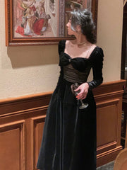 Hnewly Winter One Piece Dress Korean Ladies Black Fashion Elegant Velvet Dress Female Vintage Long Sleeve Evening Party Midi Dress