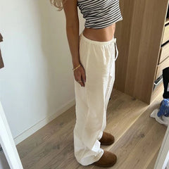 Hnewly Cotton Linen Drawstring Straight-leg Pants Coquette Y2K Aesthetics Wide Leg Trousers Fashion Solid Harajuku Women