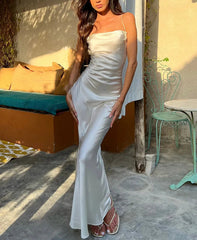 Hnewly Elegant Satin Slips Backless Solid Bandage Sexy Bodycon Maxi Dress Summer Women Clothes Evening Party Birthday Vacation