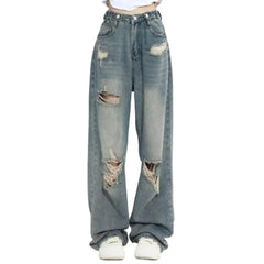 Hnewly American Retro Hole-punched Jeans Women High Waist Straight-crotch Loose Slim Design High-street Vibe Wide-legged Dragging Pants