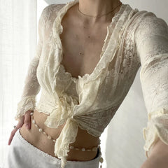 Hnewly Ruched Patchwork Lace Crop Top Chic Bandage Split Sexy Transparent Tees Smock Women Casual Y2k Clothes Ladies Elegant Tee