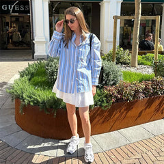 Hnewly Casual Colorful Stripe Shirts Women Loose Lapel Single Breasted Long Sleeve Female Blouse Summer Lady All-match Tops