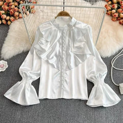 Hnewly Vintage Solid Blouses Women Elegant Acetate Satin Stand Collar Flare Sleeve Design New Chic Sweet Loose Ruffles Female Mujer