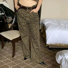 Hnewly Leopard Flare Jeans Women Denim Pants Female Y2K Bootcut Trousers Streetwear Hip Hop Vintage Casual Bell Bottoms