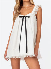 Hnewly Women Mini Dress Lace Trim Fly Sleeve Bowknot Embellished Short Dress Summer Fashion Casual Dress
