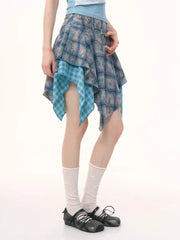 Hnewly Irregular Patchwork Tie Dye Blue Plaid Skirts 2025 Summer New Skirt for Women Y2k High Waist Ruffles Faldas Sexy Mujer