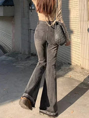 Hnewly Burr Edge Design Vintage Flare Jeans High Waist Korea Casual Skinny Denim Pants New Women Streetwear Strecth Boot Cut vaqueros