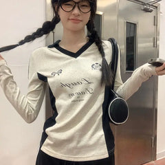 Hnewly Vintage Y2k Long Sleeve T-Shirts Coquette Women Letter Print Tees American Retro Fashion Aesthetics Streetwear T-Shirts