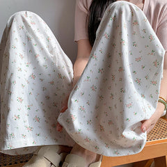 Hnewly Cute Little Flower Long Pant for Woman Clothes Elastic High Waist Straight Trousers Summer Sweet Casual Cotton Pants New Women