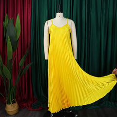 Hnewly Women's summer new suspender pleated sexy fashion casual A-line skirt solid color maxi dress dress