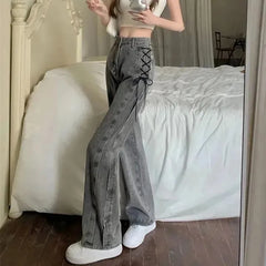 Hnewly Korean Side Lace Up Design Pipe Pants Women Stylish Low Raise Gray Denim Full Pants Woman New Solid Straight Jeans Female
