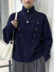 Japanese Solid Stand Neck Casual Cardigan Y2k Aesthetic Double-breasted Knitted Kardigan Autumn Harajuku Zipper Loose Sweater