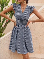Hnewly European and American women's summer temperament commuter fashion striped print butterfly sleeve dress