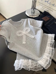 Hnewly Lace patchwork Short Sleeved T-shirt Ballet Style Sweet Bow Top Women's Korean Round Neck Loose Versatile Tee Casual Pullover