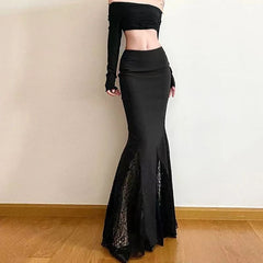 Hnewly Gothic Lace Patchwork Fisht Skirts Women Korean Sexy Slit Streetwear Black Midi Skirts Y2K High Waist All Match A Line Skirts