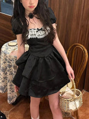 Hnewly Summer New Fashion Mini Dresses American Black Gothic Evening Party Clothing Women Elegant Sweet Lace Short Dress Vintage Chic