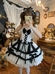 Hnewly Lolita Original Sweet JSK Dress Women Summer Elegant Bow Dot Printed Short Suspender Dress