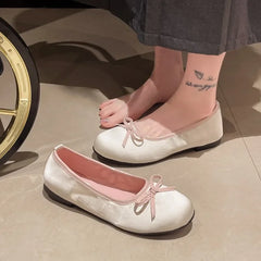 Hnewly Newest Royal Blue Silk Ballet Flats Woman Classic Round Toe Bowtie Ballerina Shoes Ladies Elegant Slip-on Soft Satin Loafers