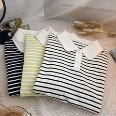 Hnewly Classic Black White Striped Sweatshirts Casual Loose Turn-down Collar Women's Spring 2025 New Korean Long Sleeve T-shirt Top