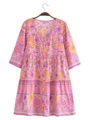 Hnewly V neck Flower Print Single-Breasted Buttons Mini Dress Woman Spliced Ruched Pleated Short Sleeve Loose Robe Holiday