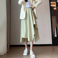 Hnewly New High Waist Irregular Midi Skirt Women Fashion Design Pleated Skirts Woman Elegant Solid Color Office Long Skirts Ladies