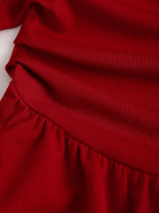 Lunivop Red one shoulder bow adorned ruched short dress,Red asymmetrical strap bow slim fit dress,Red one shoulder ruffled mini dress