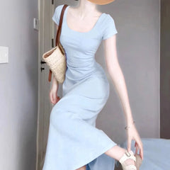 Hnewly Sexy Ruched Blue Bodycone Dress for Women Korean Solid O-Neck Maxi Dresses Woman Y2K Summer Short Sleeve Long Vestidos Mujer