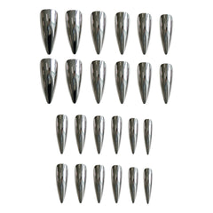 Hnewly 24pcs Punk Metal Fake Nails Press On Finished Long Pointed Silver Mirror y2k Nail Tips Full Cover Stiletto False Nails For Girl