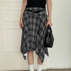 Hnewly Preppy Style Plaid Print Skirt Grey Low Rise Loose Irregular A-line Midi Skirts Women Harajuku Clothes y2k Streetwear New