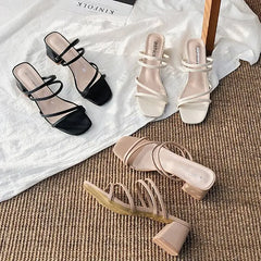 Hnewly Women Sandals Ladies Square Heels Elegant Summer Slippers Outside Cross Tied Leather Female Slides Fashion Woman Sandals