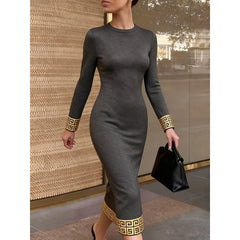 Hnewly Contrast Color Meander Pattern Grey Dresses Women Office Waist Long Sleeve Zipper Back Elegant Bodycon Dress