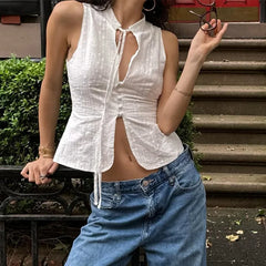 Hnewly y2k Tank Top Women Summer Clothes White Flower Embroidery Mock Neck Front Cutout Sleeveless T Shirt Vest Streetwear