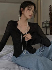 Hnewly Shirts Women Lace-up Sexy Temper Korean Style Simple Personality All-match Leisure New Slim Ladies Spring Delicate Popular Chic