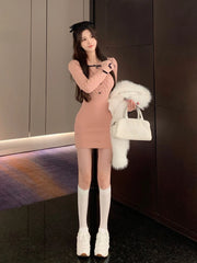 Hnewly Winter Elegant Knitted Dress Women Kawaii Clothing Bodycon Y2k Mini Dress Female Slim One Piece Dress Korean Fashion Chic