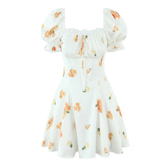 Lunivop Retro White Floral Bow Ruched Chest Lace Slash Collar Satin Mini Dress Women Short Puff Sleeve Low Waist Swing Dresses Robe