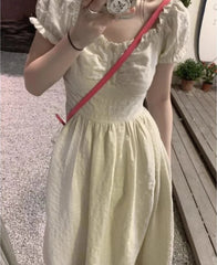 Hnewly Woman Dress Puff Short Sleeve Square Collar Ruffles Patchwork Sweet Elegant Fashion Princess Female Casual Dresses