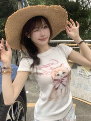 Hnewly Sweet T Shirts Women Cartoon Cat Printed Short Sleeve Summer Fashion Sexy Stretch Slim Y2k Tops Female Casual Tshirt