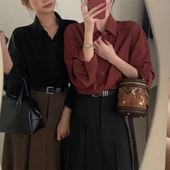 Hnewly Retro Style High Temperament V-neck Women's Shirt Long Sleeved Shirt Loose Style Top Women's Clothing Red Rose white