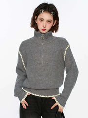 Hnewly Streetwear Retro Gray Sweaters Women Loose Harajuku Long Sleeve Knitted Pullover Y2K American Turtleneck Vintage Jumper New
