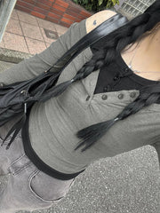 Hnewly Contrast Patchwork Top for Women Y2K Harajuku Off Shoulder Long Sleeve T Shirts Autumn Knitted Pullover Tees Korean