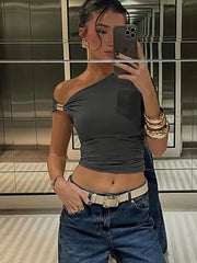 Hnewly Irregular Off Shoulder T-Shirts Women Ruched Fashion Skew Collar Single Sleeve Daily Casual Solid Simple Streetwear