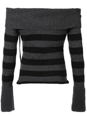 Hnewly Off Shoulder Slim Knitted Stripe Jumper Women Lace-Up Slash Neck Long Sleeve Sweater Tee Korean Fashion Street Knittwear